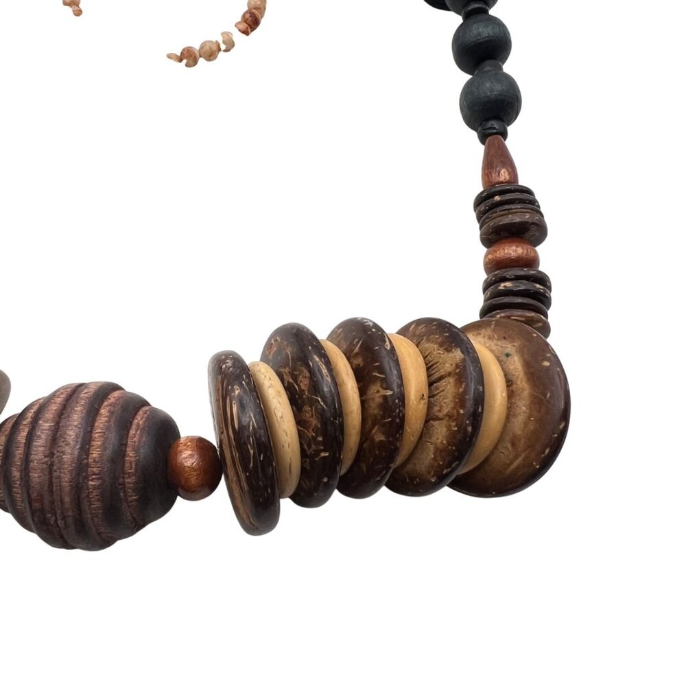 Chunky 27" Boho Wood Coconut Shell Statement Necklace Tribal Throw Over Festival - Picture 4 of 9